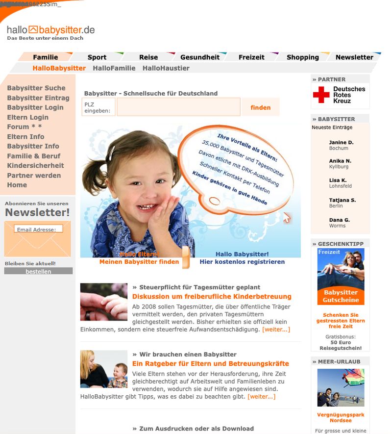 HalloBabysitter.de im Jahr 2007 mit dem Motto „Das Beste unter einem Dach“